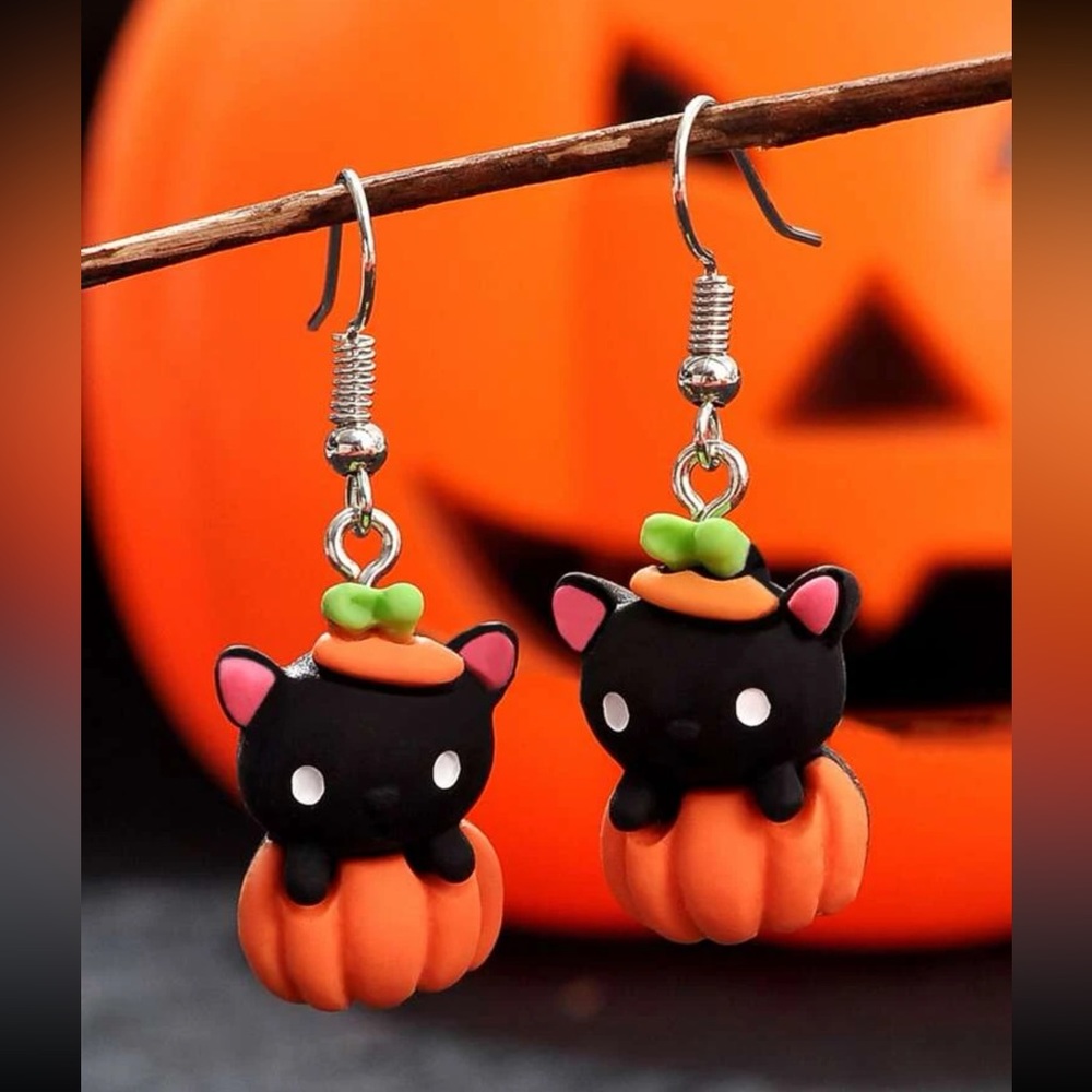 🐈‍⬛ Adorable Kitty Cat Pumpkin Drop Earrings 🎃